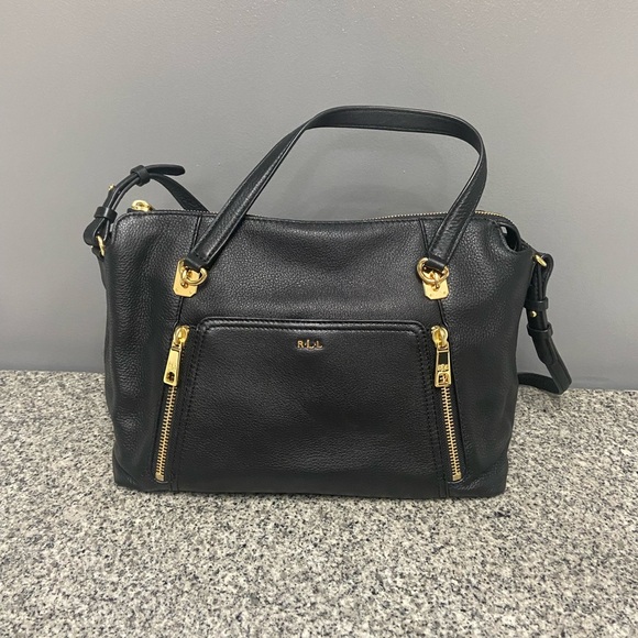 Lauren Ralph Lauren Black Pebbled Leather Bag/Tote/Purse With Gold Hardware 9x13 - Picture 1 of 17